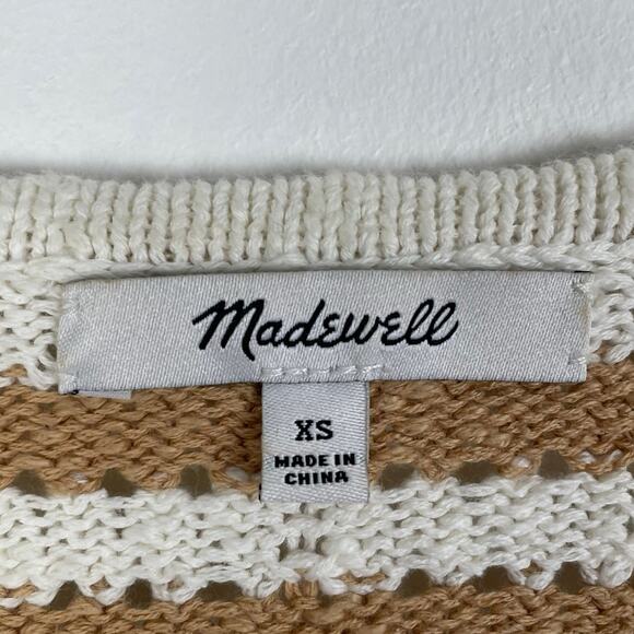 Madewell Open Knit Striped Cardigan Sweater White Tan Button Front Cotton XS - Picture 6 of 15